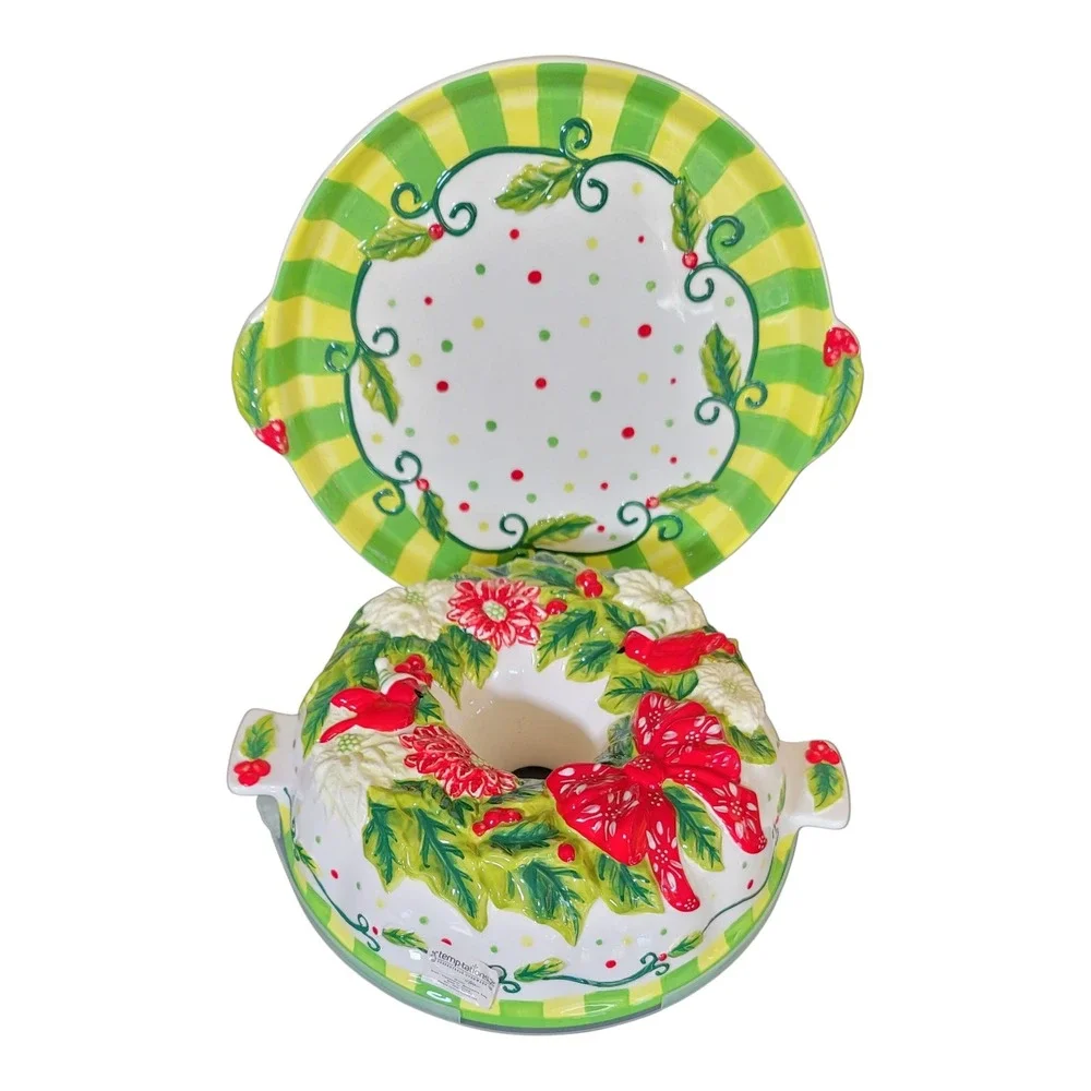 Temptations Presentable Ovenware Holiday Fluted Bundt Pan w Tray Ceramic Holiday